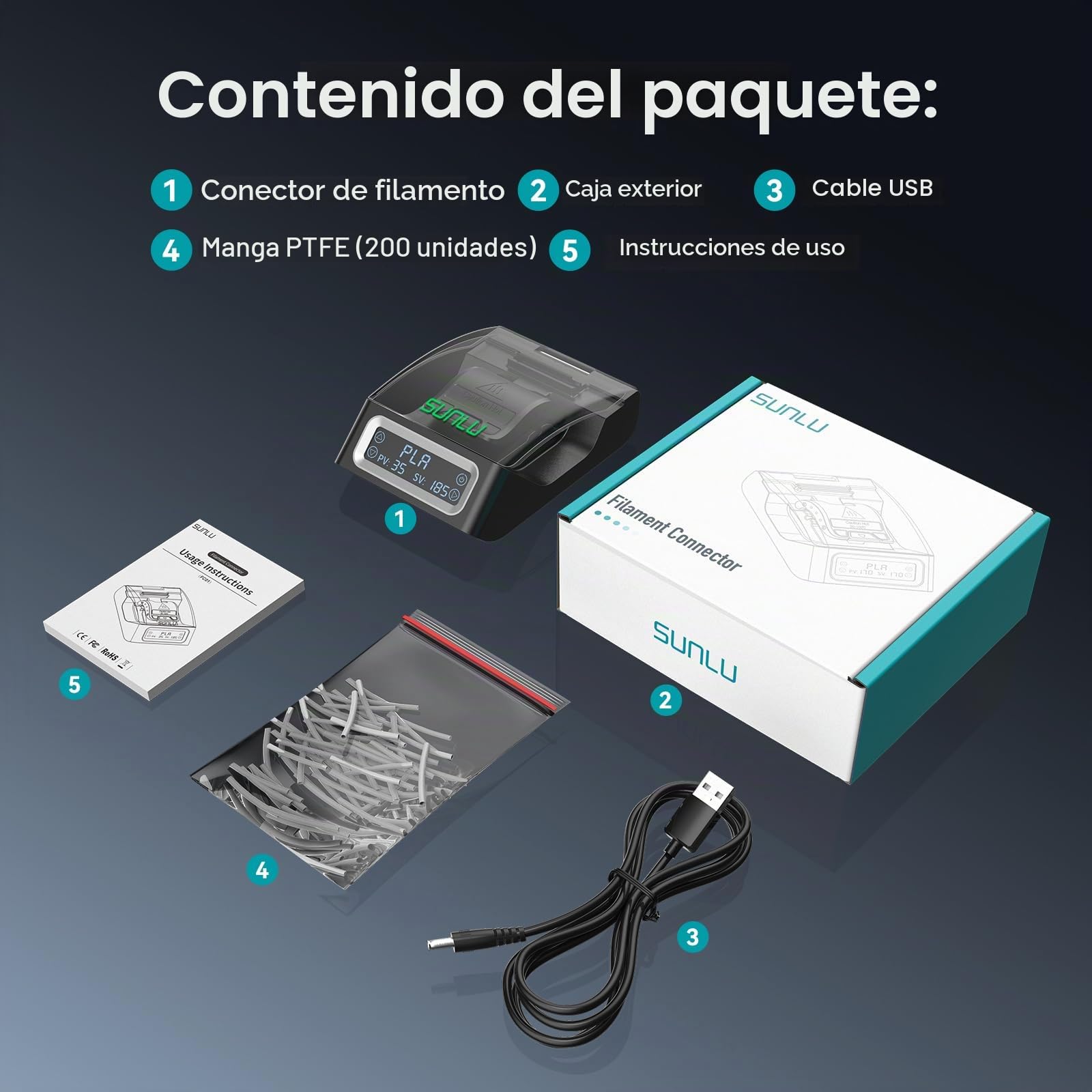 Filamento Conector con Tubo de 200 PTFE, SUNLU Filament Connector de para Filamento de Impresora 3D de 1,75 mm, Filamento Empalmador Compatible con PLA PETG TPU ABS PA Nylon