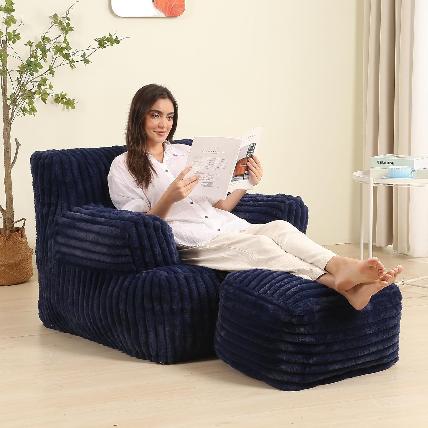 Comfy Gaint Bean Bag Chair with Ottoman, Fluffy Huge Bean Bag Armchair for Adults and Teens, Dark Blue Dark Blue 31.49 inches x 34.64 inches x 30.31 inches