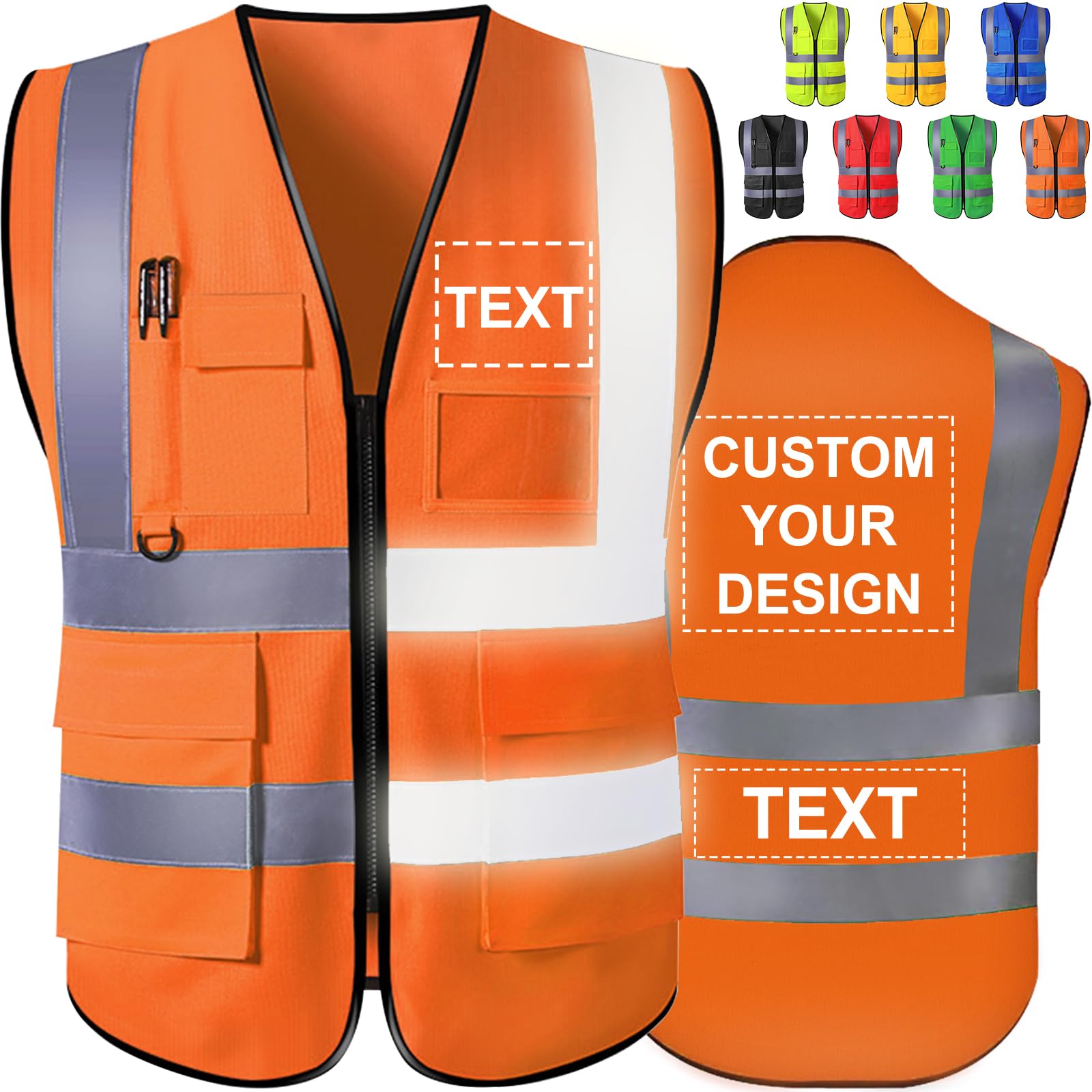 Custom Safety Vest High Visibility Reflective Personalized Vests with Logo Photo Pocket Zipper Customize Class 2 for Men Work