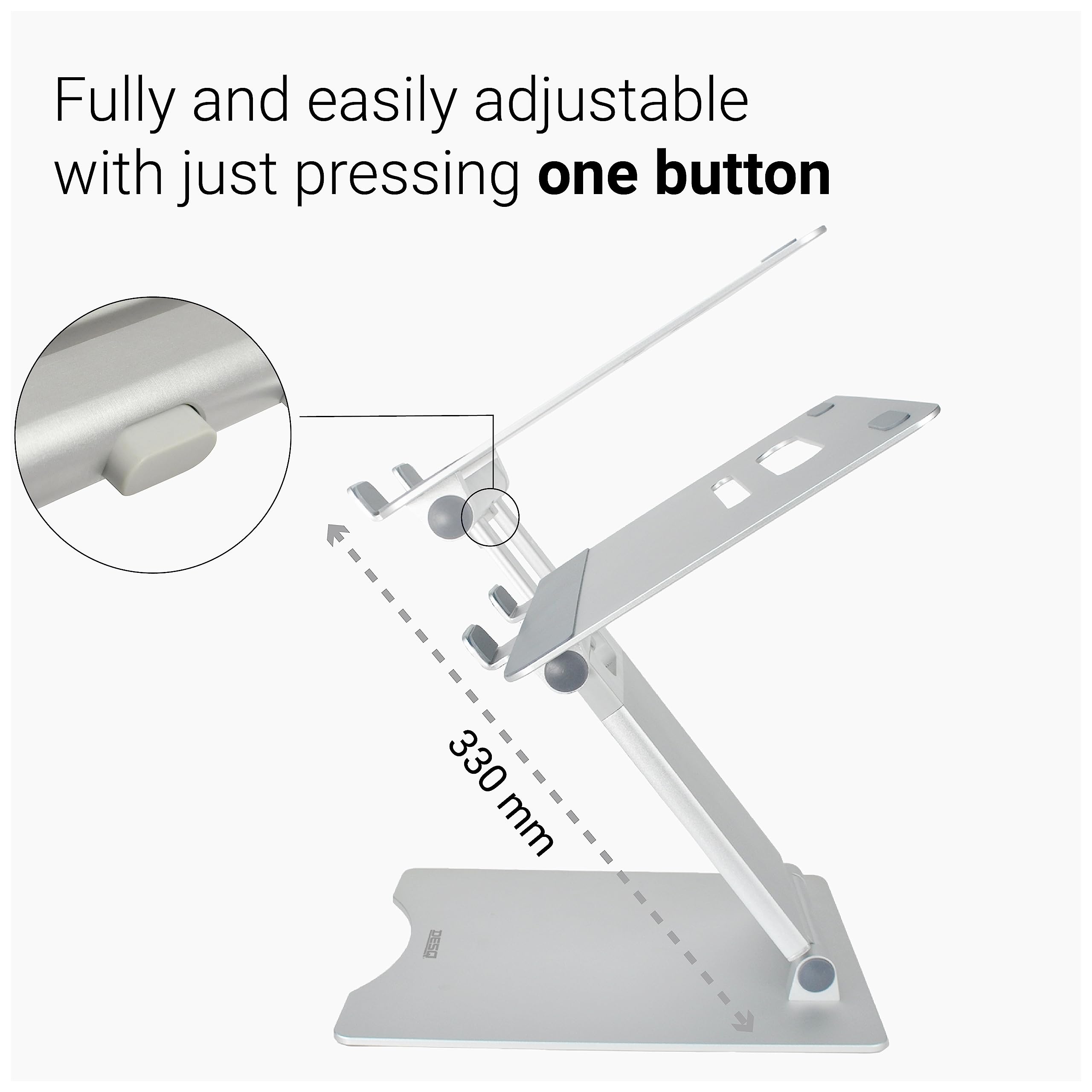 DESQ Soporte para Ordenador portátil, Aluminio, Totalmente Ajustable, estación de Trabajo para Sentado y de pie, telescópico, Altura 30-450 mm, para Todos los portátiles de 10 a 17 Pulgadas
