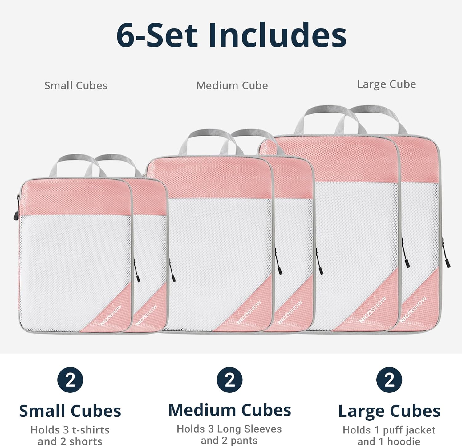 NICOSHOW Compression Packing Cubes 6 Set, Compressible Space-Saving Packing Cubes for Travel - Compression Bags, Luggage Organizer, Travel Essentials for Women, Pink