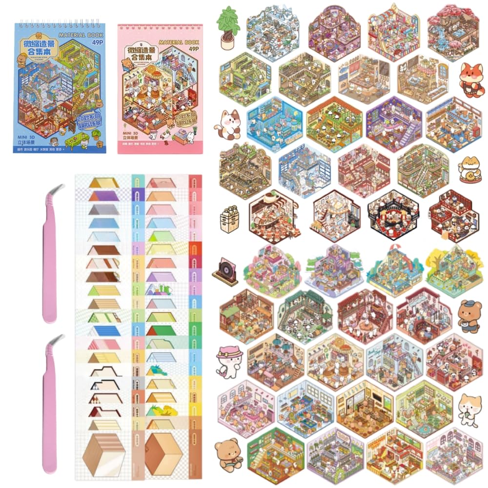 40 Sets Stickers Scene,Mini House Stickers Set for Adults with Tweezers Make Your Own Room Commercial/Sunshine Town Sticker Scene Therapy for Adults Relief Stress Pass The Time Gift