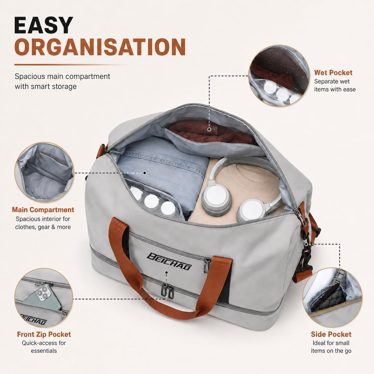 lafo Sac de Sport & Sac de Voyage pour Femmes et Hommes, Sac de Week-End Gym Bag, Sac de Natation étanche avec Compartiment à Chaussures & Compartiment Humide (Gris)