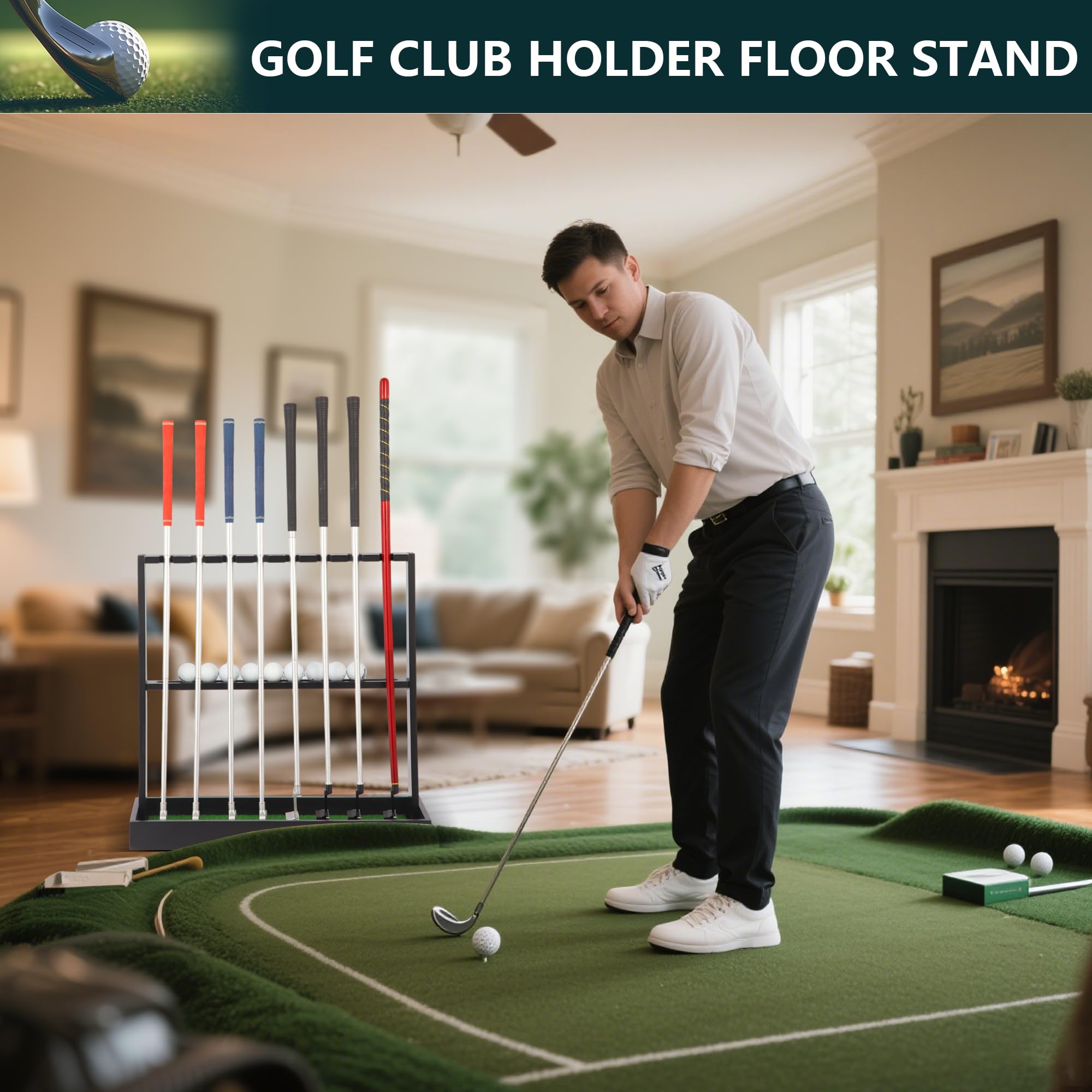 Golf Putter Stand, Golf Club Holder Stand Floor Display Rack - Holds 8 Clubs & 12 Balls with Artificial Grass Base, Wood Outdoor Golf Club Organizer for Indoor, Home, Office, Golf Club, Black