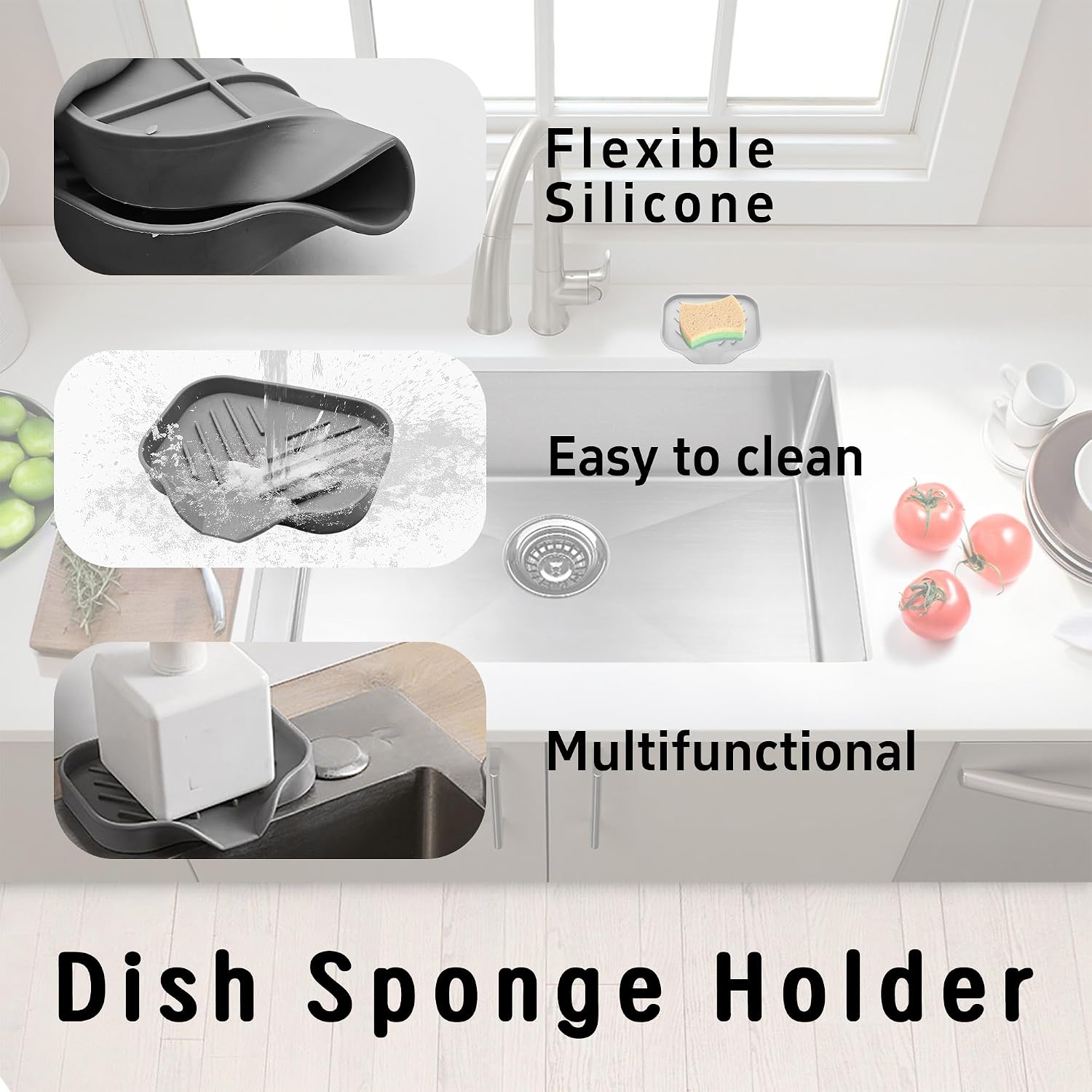 4.9” x 3.9” Silicone Soap Dish with Self-Draining Spout, Multi-Purpose Kitchen Bathroom Sink Organizer Tray for Bar Soap, Sponge, Dispenser Bottle Counter Storage, Gray image 4
