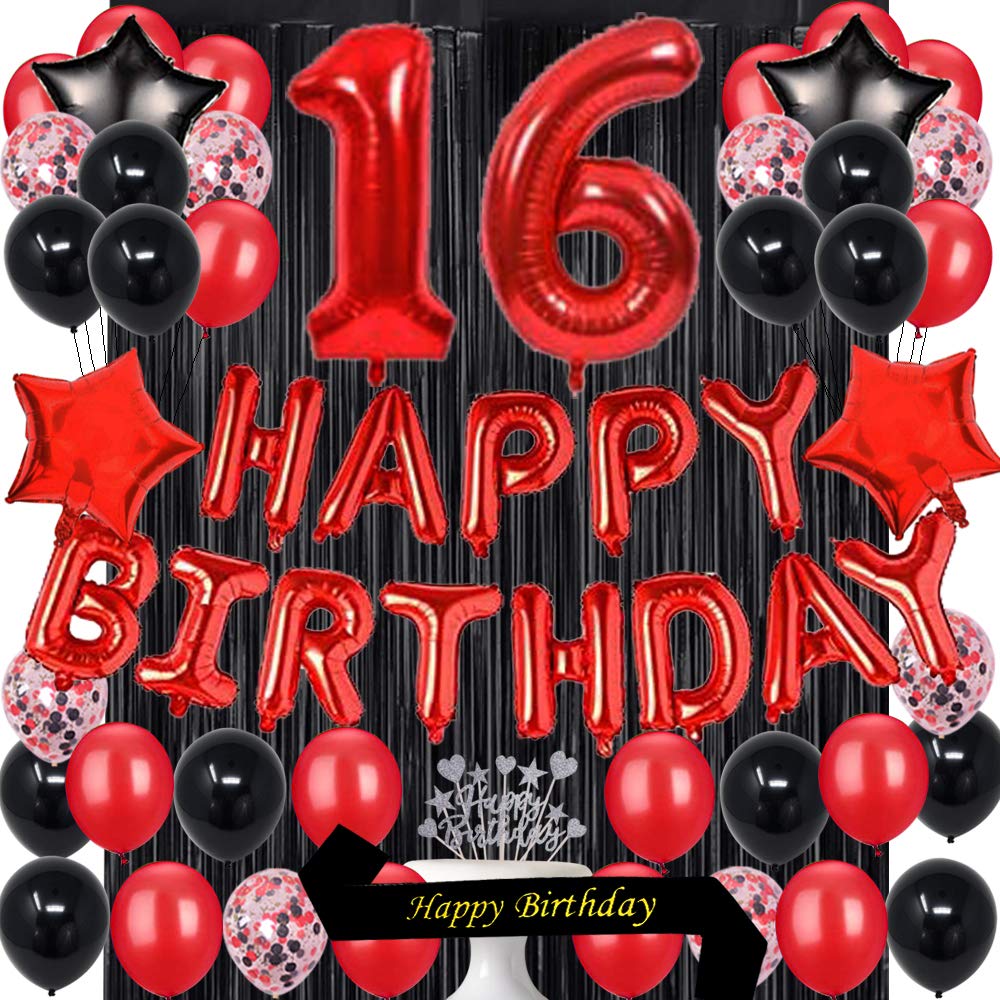 Fancypartyshop 16TH Birthday Party Decorations Supplies Red Black Later Balloons Happy Birthday Cake Topper Sash Foil Black Curtains Foil Star