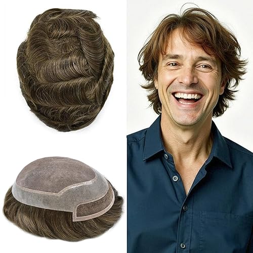 Miniatura 16 de Toupee - Sistema de cabello humano de repuesto con encaje frontal para hombre, extensiones de pelo tipo tupé mono PU para hombres
