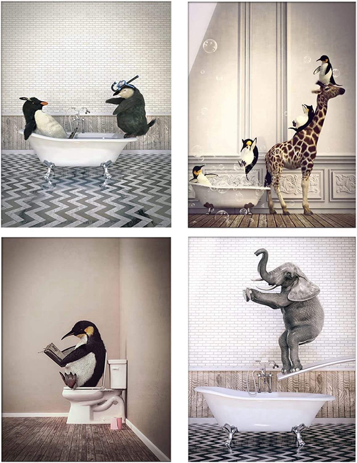 ERTLKP Divertido Animal En La Bañera Imágenes, Blanco y Negro Baño Cuadros Pared Arte Lienzo Póster Decoración del Hogar - 4 Piezas Sin Marco (20 x 30 cm x 4 piezas, Baño de ensueño)