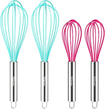 Webake 8 Inch and 10 Inch Silicone Whisk Set of 4, Egg Beater Whisk Balloon Egg Sauce Whisk with 6 Wires, French Whisk Stainless Steel Mini Silicone Whisk for Nonstick Cookware,Solid Color