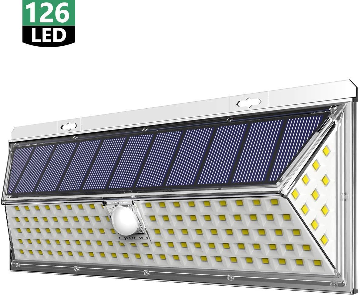 QWOO Solar Lights Outdoor 126 LED Solar Wall Light Solar Powered Security Lights Motion Sensor Solar Lamp with Wide Angle Illumination for Front Door,Backyard, Garage,Porch,Deck, Driveway