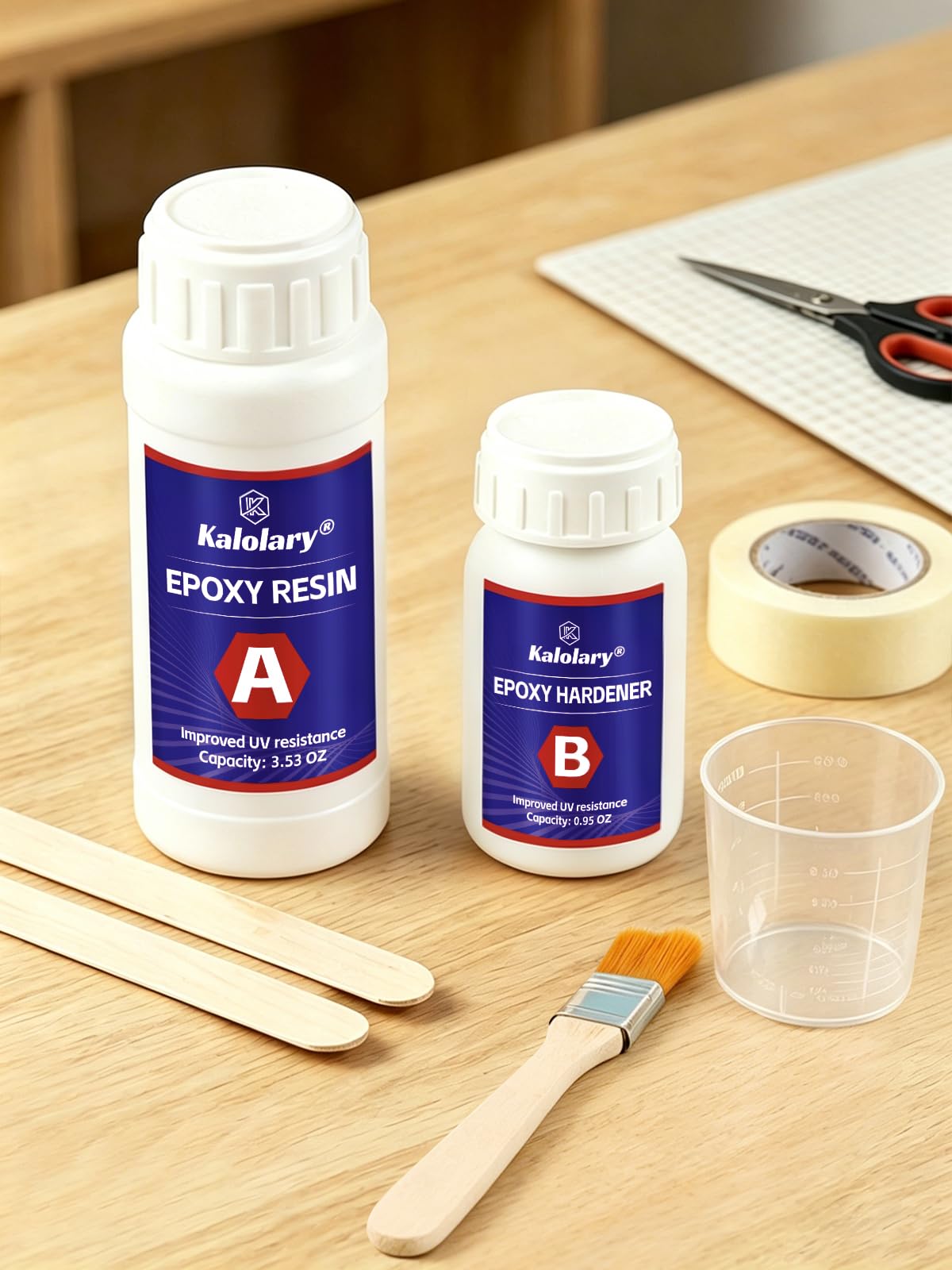 Kalolary 6P Kit de Réparation Fibre de Carbone, 100g Résine Époxy | 27g Durcisseur, Gobelets Doseurs, Bâtonnets de Mélange et Pinceau pour Réparations DIY Auto, Meubles, Vélos et Bateaux