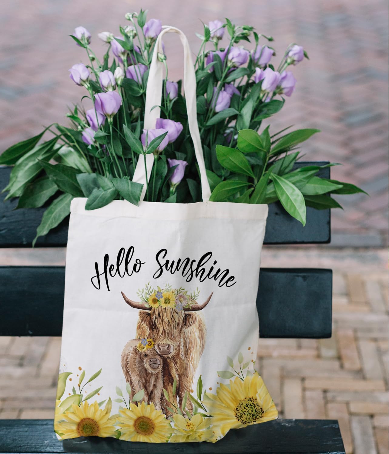 Sunflower Highland Cow Print Canvas Tote Bag For Women, Western Tote Bag Sunflower gift bag Reusable Grocery, Beach Bag Birthdays, Best Gift for Friends Western Cow Lovers - Image 3