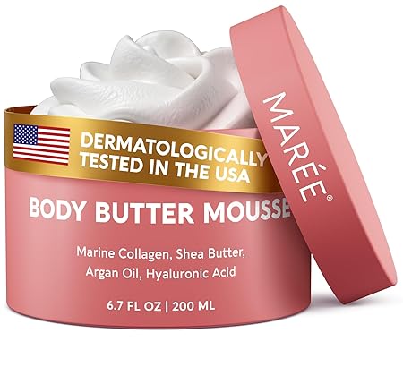 MAREE Moisturizer Body Butter Mousse - Whipped Body Butter for Women Smell Good - Facial Moisturizer for Dry Skin - Face Hand Body Cream for Women & Men with Marine Collagen, Shea Butter & Argan Oil