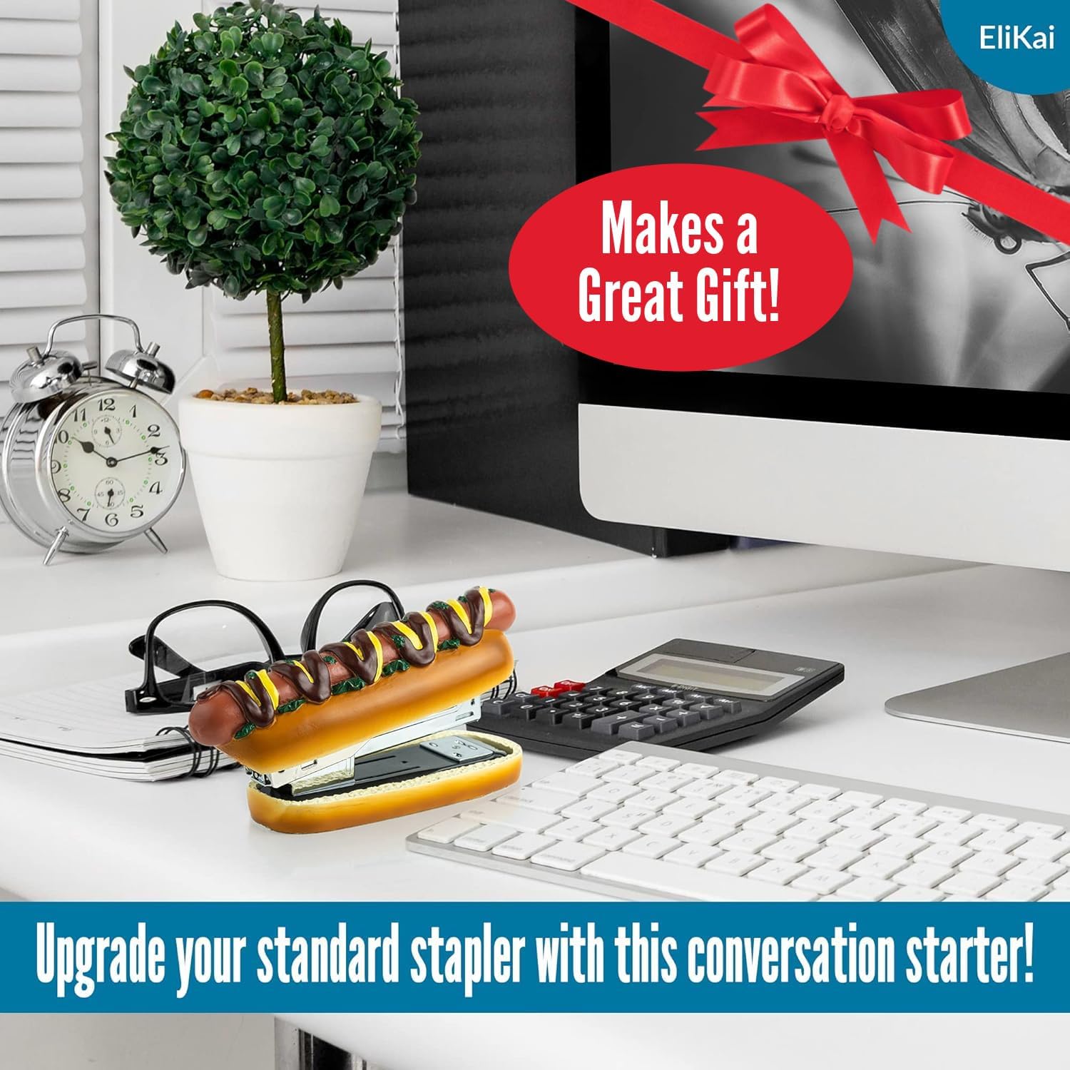 ELIKAI Hot Dog Stapler, Funny Gifts for Teachers and Principals, Unique Desk Accessory, Ideal Back-to-School Gift for Classroom or Teacher Lounge Decor, Includes 1000 Staples, Brown, 7 oz