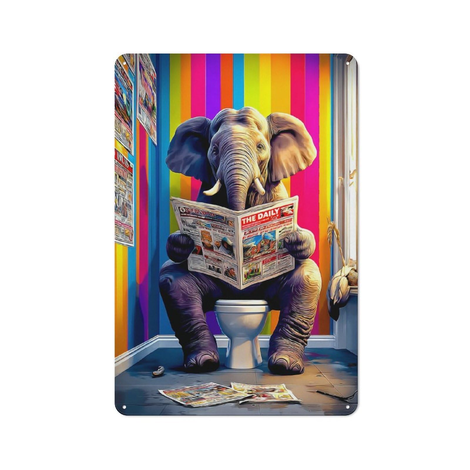 Junmoney Elephant Reading Newspaper In Bathroom 30X20cm Retro Tin Sign With For Dining Room Or Kitchen, For Metal Sign Collectors, For Garage And Workshop Walls