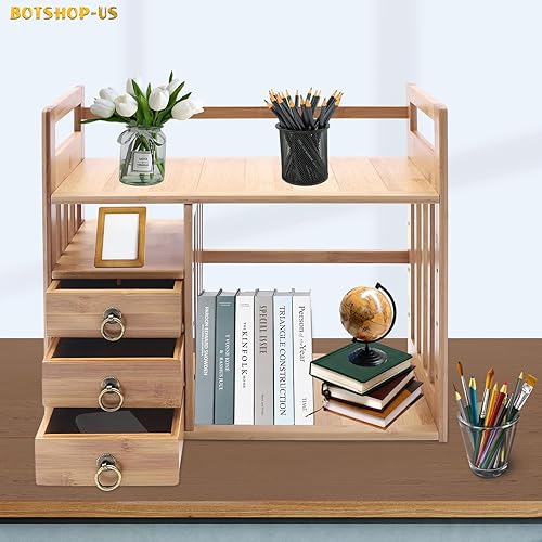 Miniatura 2 de Gdrasuya10 Estantería de escritorio de bambú para encimera de madera, organizador de escritorio de oficina, soporte para libros con 3 cajones,