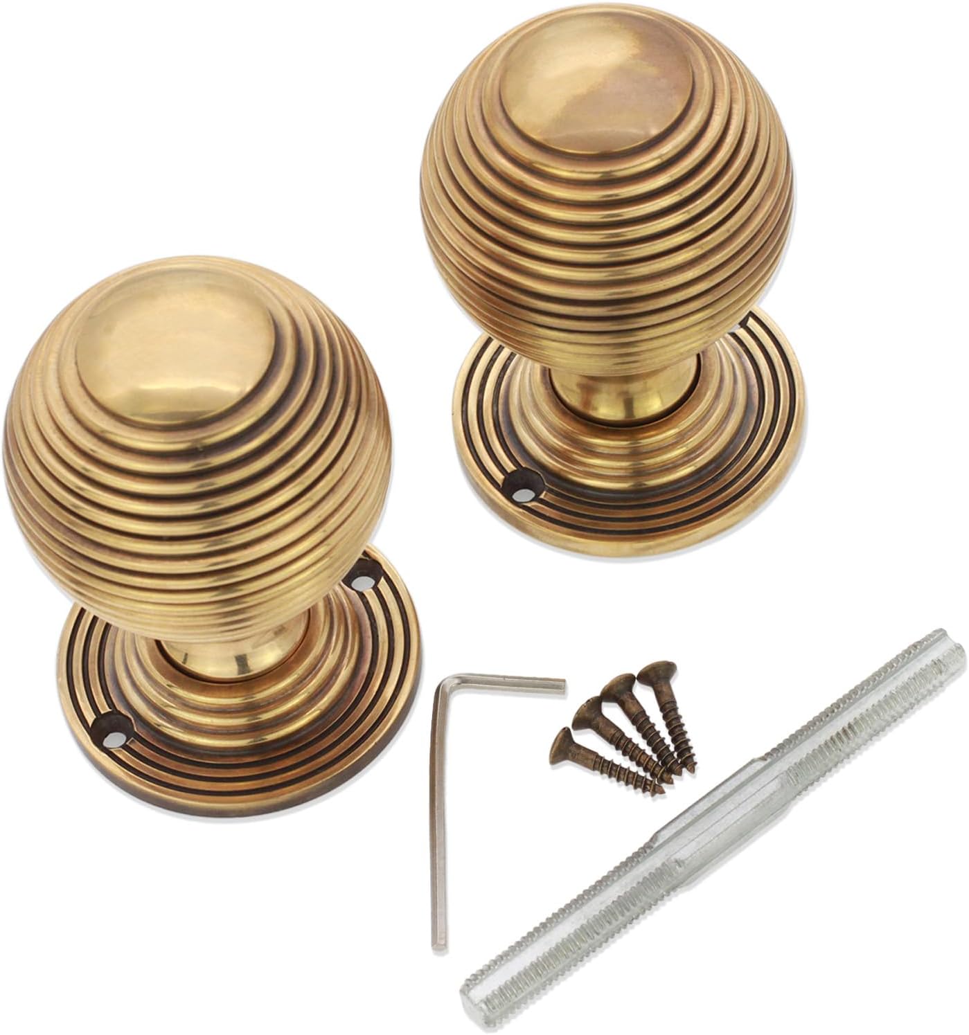 Infinity Decor Beehive Reeded Round Rim Mortice Solid Brass Door Knobs Pull Handles Set 60mm in Aged Brass Finish for Interior & Exterior Doors