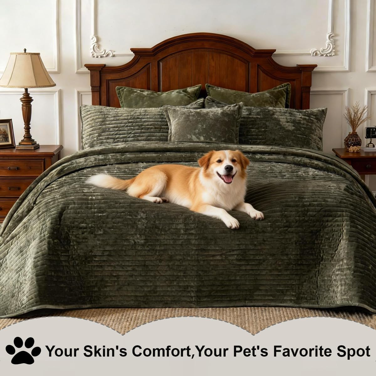 3 Pieces Luxurious Velvet Oversized King Quilt Bedding Set 120x128 Striped Bedspread Coverlet Quilted Set with 2 Pillow Shams 20x36 Ultra Soft Comforter for All Season, Army Green - Image 3