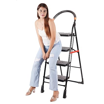 Homace Milano 4 Step Ladder for Home Use | Steel Ladder with Wide Steps Ladder for Home | Folding Ladder for Home | Four Step Steel Ladder for Home | Foldable Ladder for Home (Black)