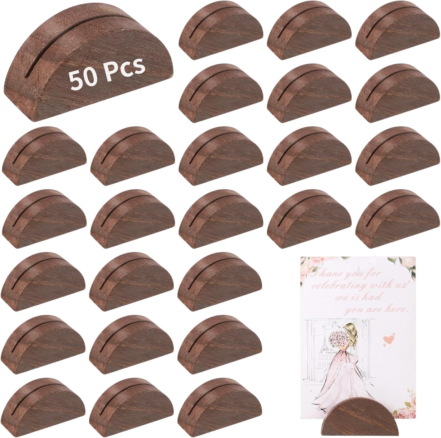 50 Pack Table Number Stands, Small Wooden Card Holders, Elegant Half-Round Design for Name Cards, Tags, Photos, Sign Holders for Weddings, Banquets