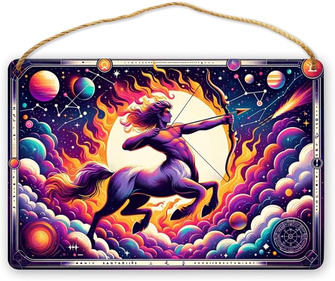 Sagittarius Zodiac Vintage wood signs Wall Art Cosmic Centaur Archer Home Decor wooden Signs,Astrological Star Sign Retro plaque Poster,Indoor Outdoor Wall Pediment for Astrology Enthusiasts 8x12inch