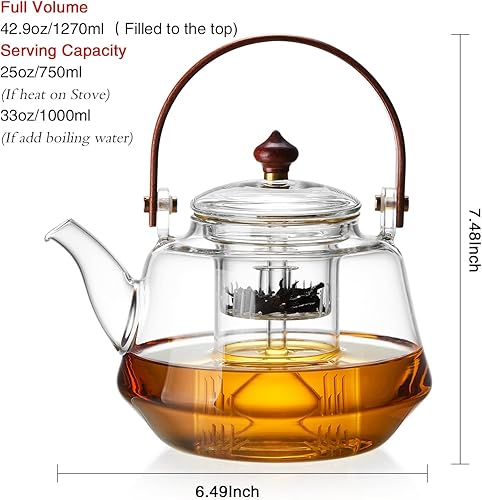 Miniatura 6 de 40oz Glass Teapot with Anti-Drip Spout, Peach Wood Handle and Lid, Heat-Resistant Borosilicate Glass, Dual Infusers for Steaming and Boiling