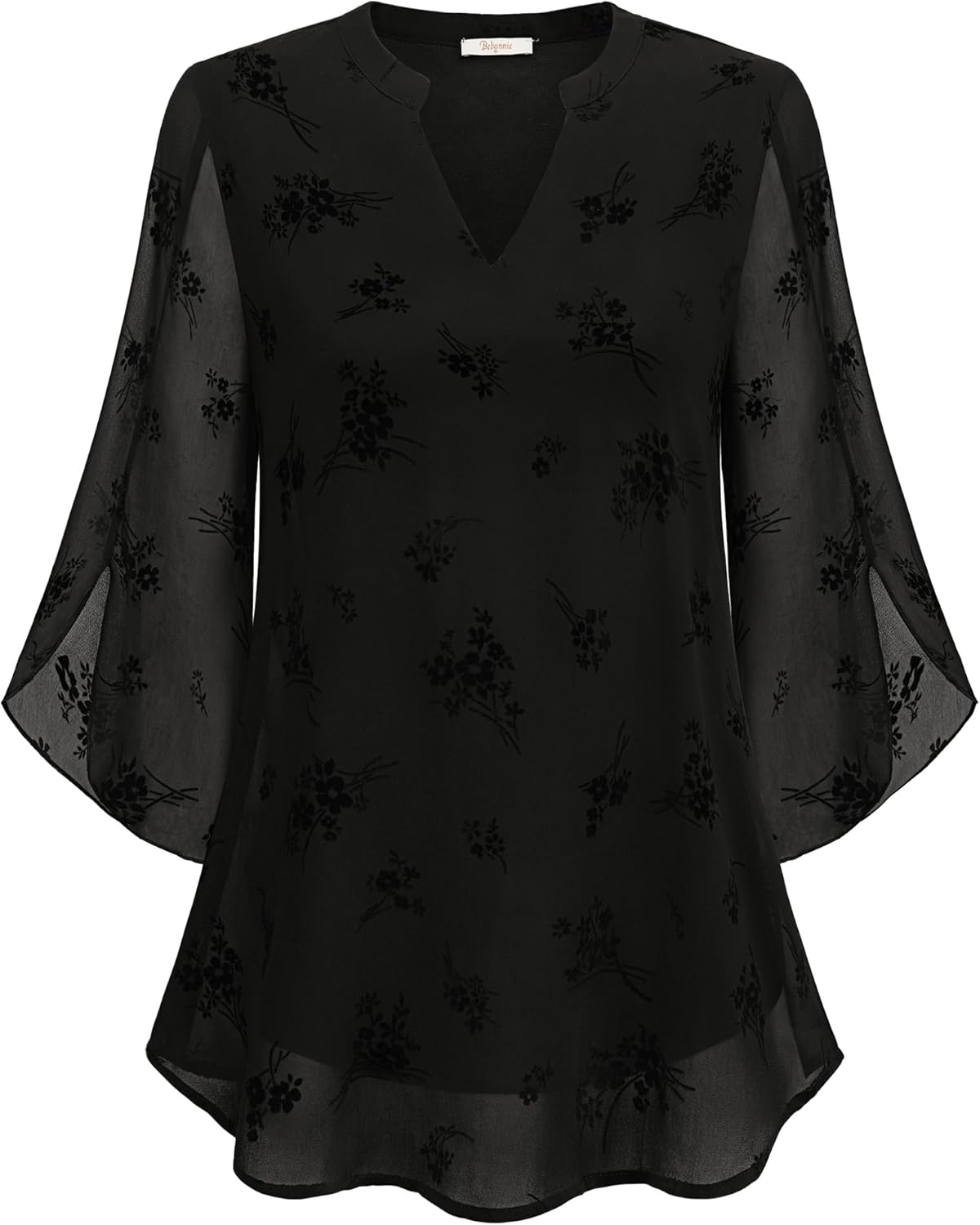 Bebonnie Womens Tops Dressy Casual Ruffle 3/4 Sleeve V Neck Double Layers Chiffon Blouses Tops - Image 2