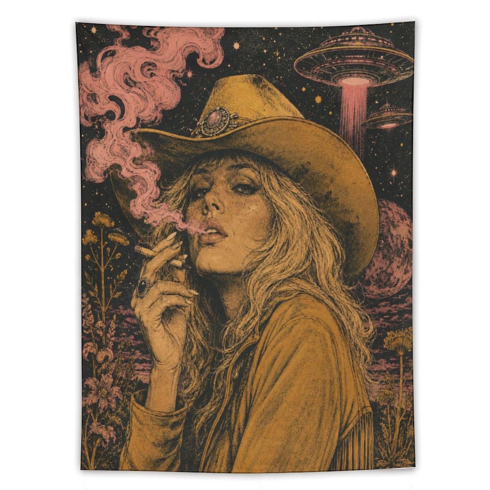 W7C8U2X3 Cowgirl Smoking under UFO Wall Tapestry, Detailed Illustration