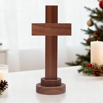 Attivolife Wood Cross Handmade - Christian Handicraft Wooden Jesus Holy Crucifix with Stand, Home Room Table Decoration, Religious Keepsake Gifts for Church Catholic Easter Christmas 5.5 x 2.55