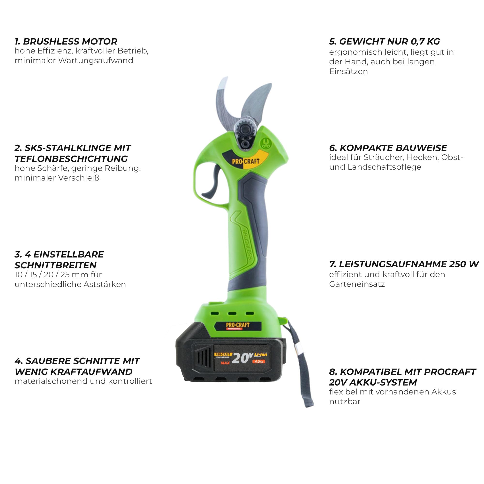 Procraft ES28Li bb Akku Astschere Gartenschere 20 V 25 mm + 1x Akku 4,0 Ah