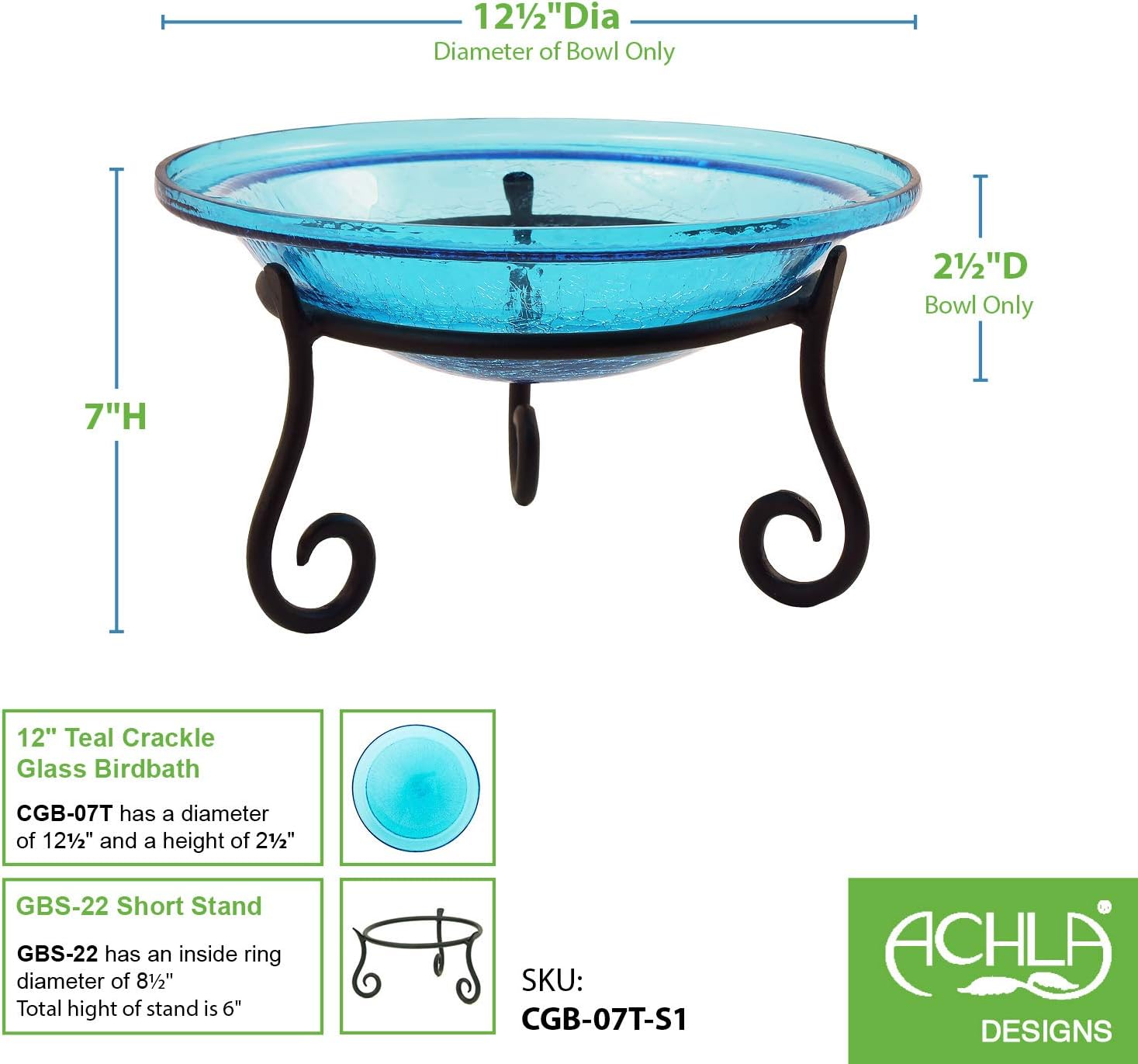 Achla Designs 12" Teal Crackle Birdbath- Short Stand