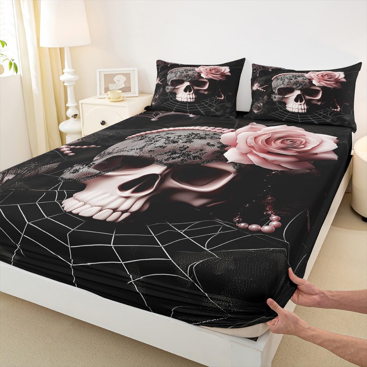 Homewish Juego de ropa de cama con diseño de calavera y rosas rosadas, sábana bajera ajustable para mujeres y hombres, sábanas vintage de flores góticas negras, funda de edredón de telaraña de
