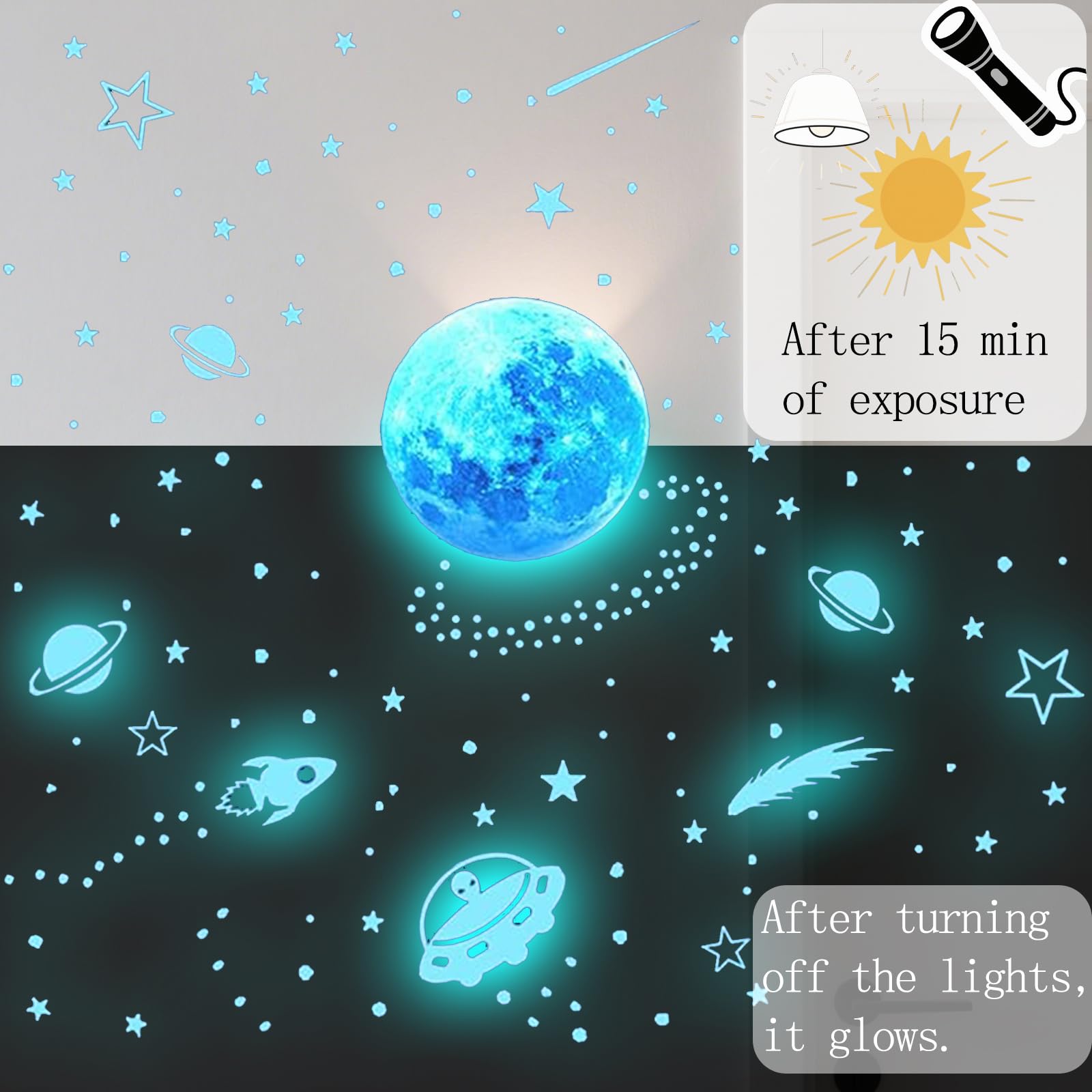 Glow in The Dark Stars Stickers,Moon,Stars and Astronaut Space Wall Stickers Blue Wall Stickers for Boys Kids Bedroom Accessories Decoration Blue - Image 3