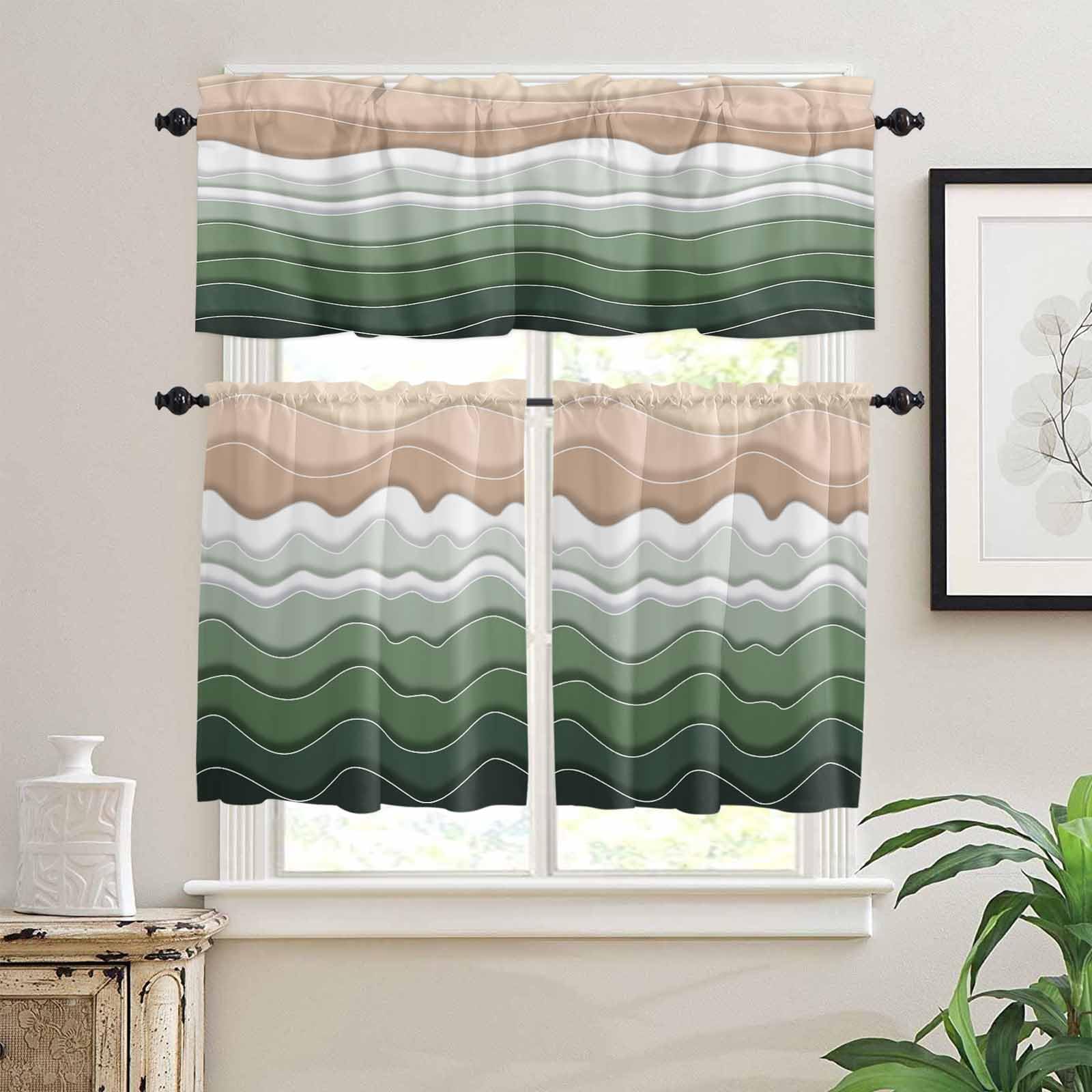 Sage Green Ombre Stripe Kitchen Curtains 36 Inch Length,3 Piece Rod Pocket Small Half Tiers and Valance Set,Abstract Summer Beach Coastal Small Large Window Treatment Decor for Bedroom/Bathroom Sink