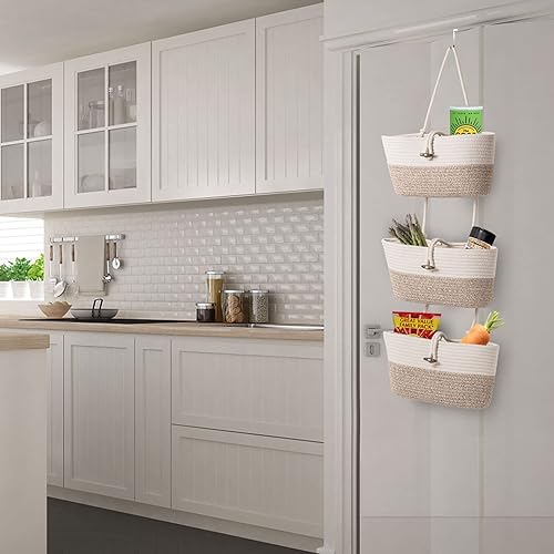 Miniatura 6 de Cesta organizadora de cuerda de algodón, 3 niveles para colgar en la pared, organizador de armario, cestas decorativas para organizar la sala de