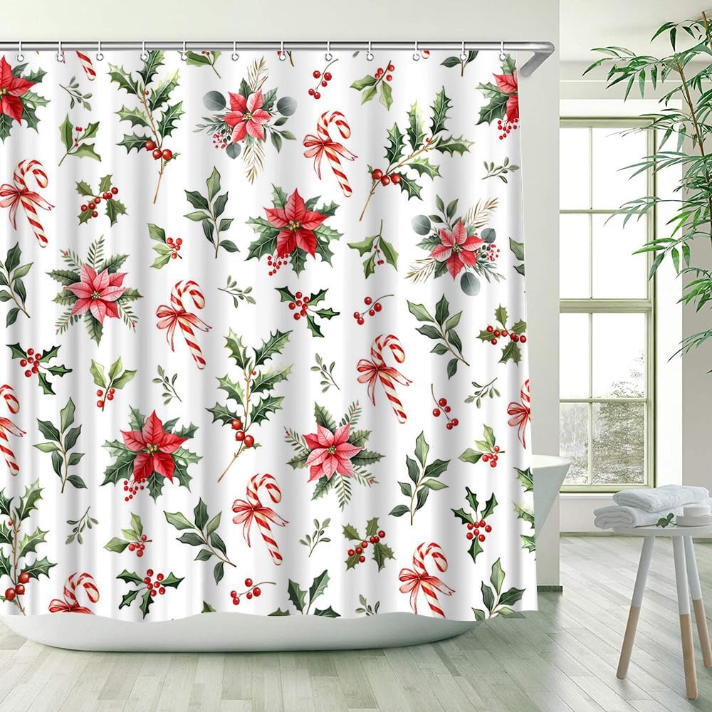 Christmas Shower Curtain Red Poinsettias Holly Berries Candy Cane Green Leaves Xmas Floral Winter Holiday Bathroom Decor Polyester Fabric Curtains with Hook 90Wx70H Inches