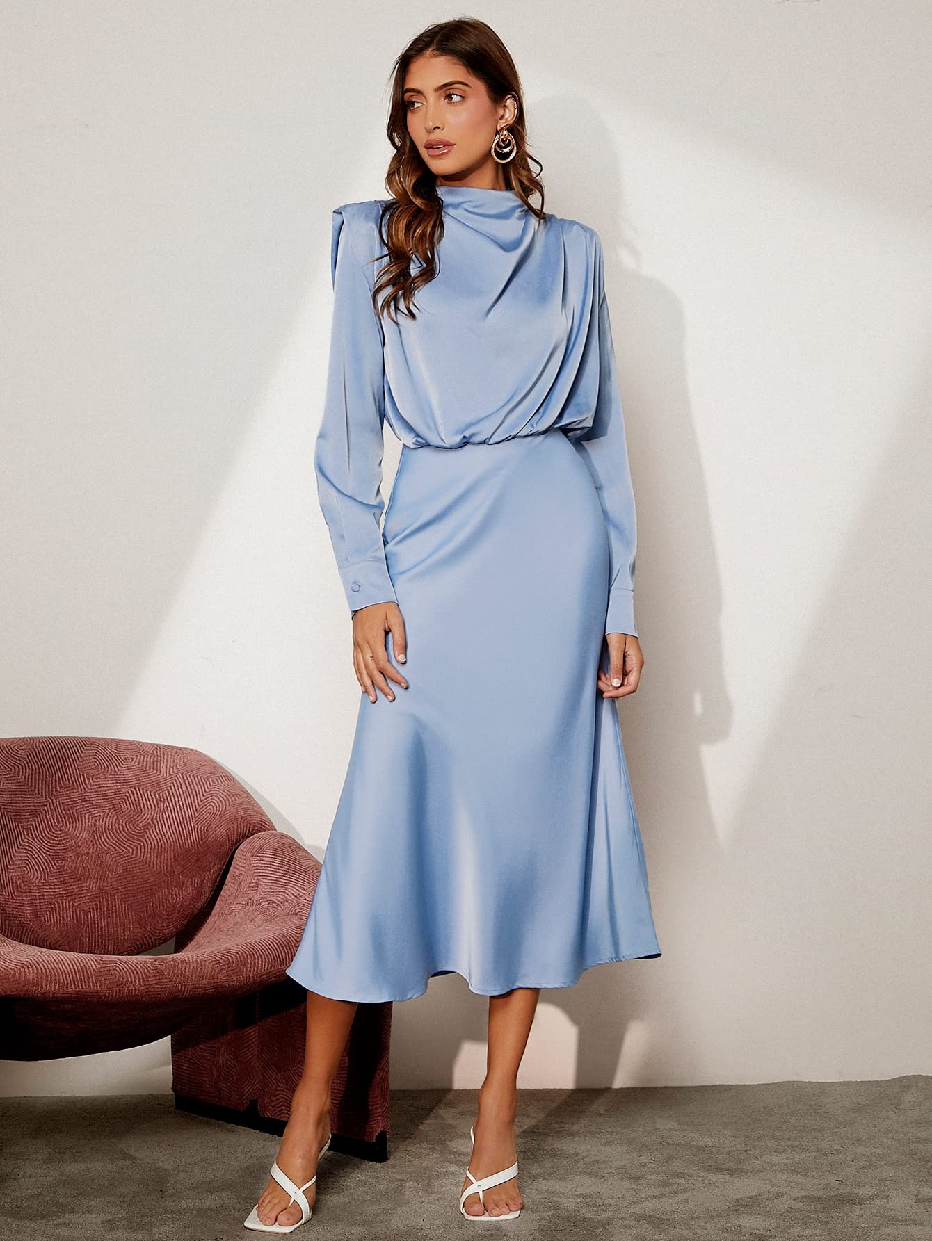 Dresses for Women Women's Dress Solid Shoulder Pad Satin Dress Dresses (Color : Baby Blue, Size : Small) : ביגוד, נעליים ותכשיטים