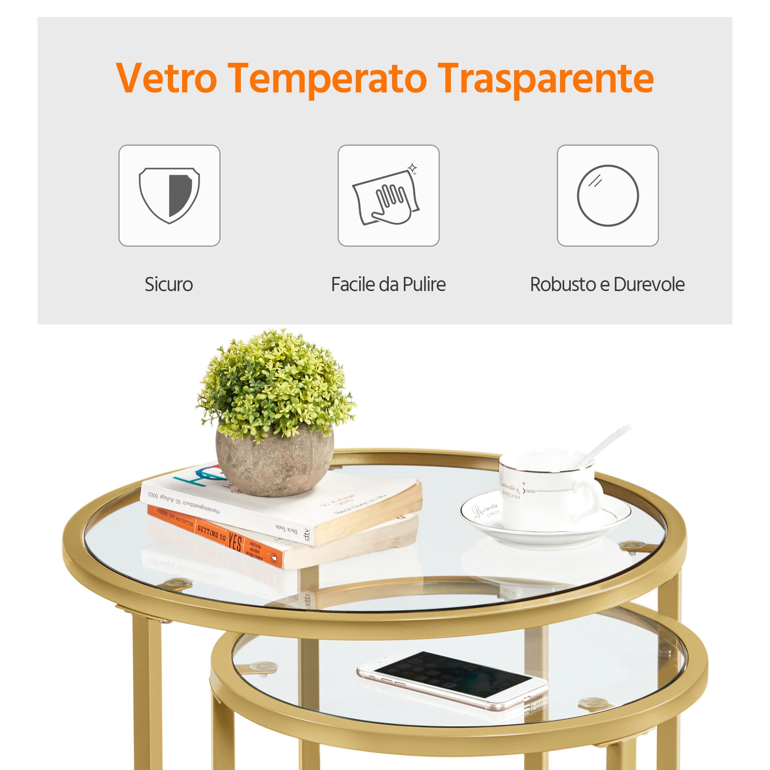 Set di 2 Tavolini da caffè Tavolino da Salotto Rotondi con Struttura in Metallo e Piano in Vetro Tavolino Salotto Moderno Soggiorno Ufficio Oro