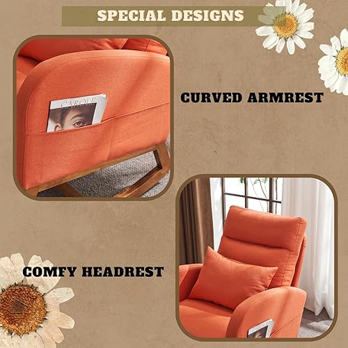 Miniatura 6 de VINGLI Mecedora de lino naranja con reposacabezas grueso, mecedora tapizada de mediados de siglo con reposabrazos curvos, base de madera maciza