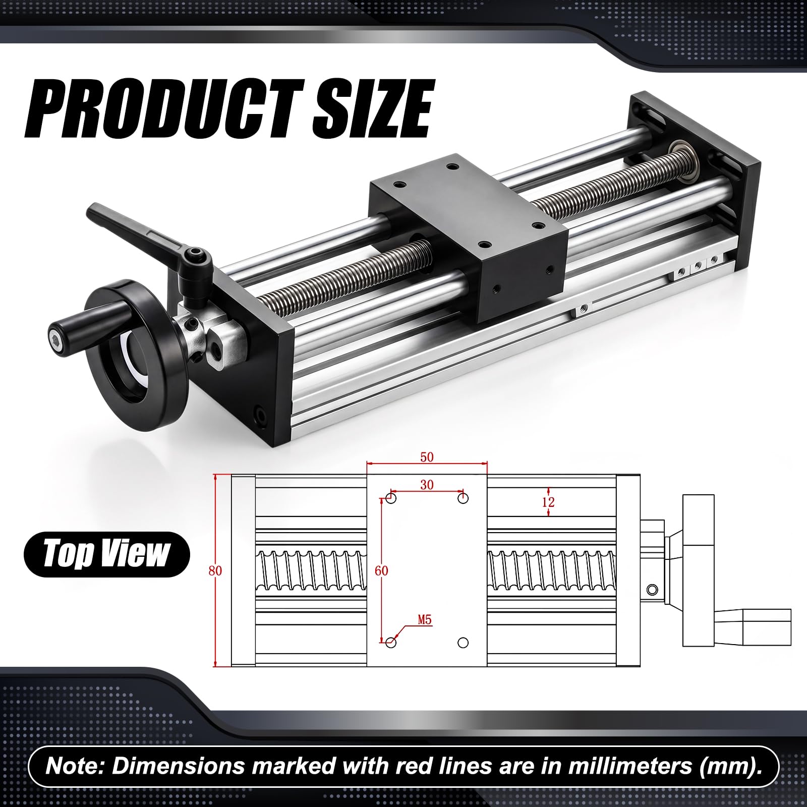 Tavola di traslazione da 200 mm con volantino di bloccaggio, tavola Scorrevole di precisione con Vite Senza fine trapezoidale, Cuscinetti e Guide industriali per Moduli CNC e Laser Fai-da-Te