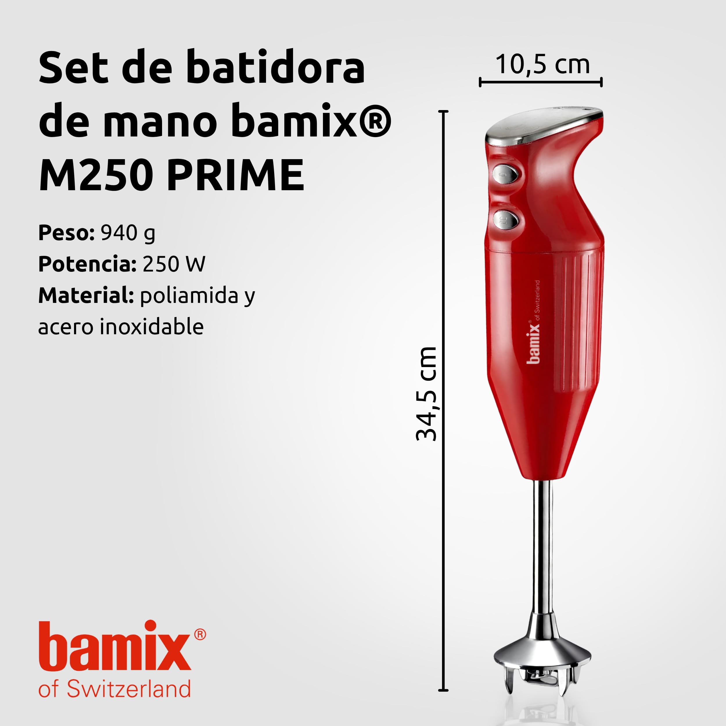 bamix Set de batidora de mano M250 PRIME con multicuchilla, Mezclador, Disco giratorio de acero inoxidable, 250 vatios, 2 velocidades, Made in Switzerland, Rojo/cromado