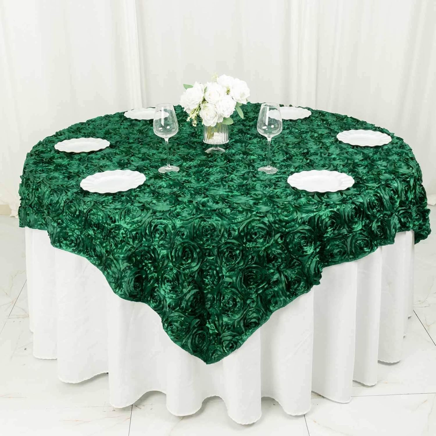 Efavormart 3D Rosette Square Tablecloth Overlay 72"x72"-Hunter Emerald Green Square Tablecloth Cover for Wedding Party Event Banquet