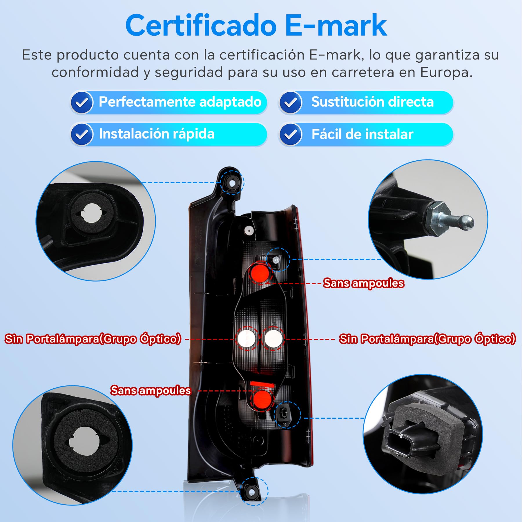 Feu Arrière Gauche pour Berlingo/Partner K9, Combo X19, Rifter de 2018, Proace City de 2019 (2 Portes Arrière), Sans Support de Lampe, E-Mark