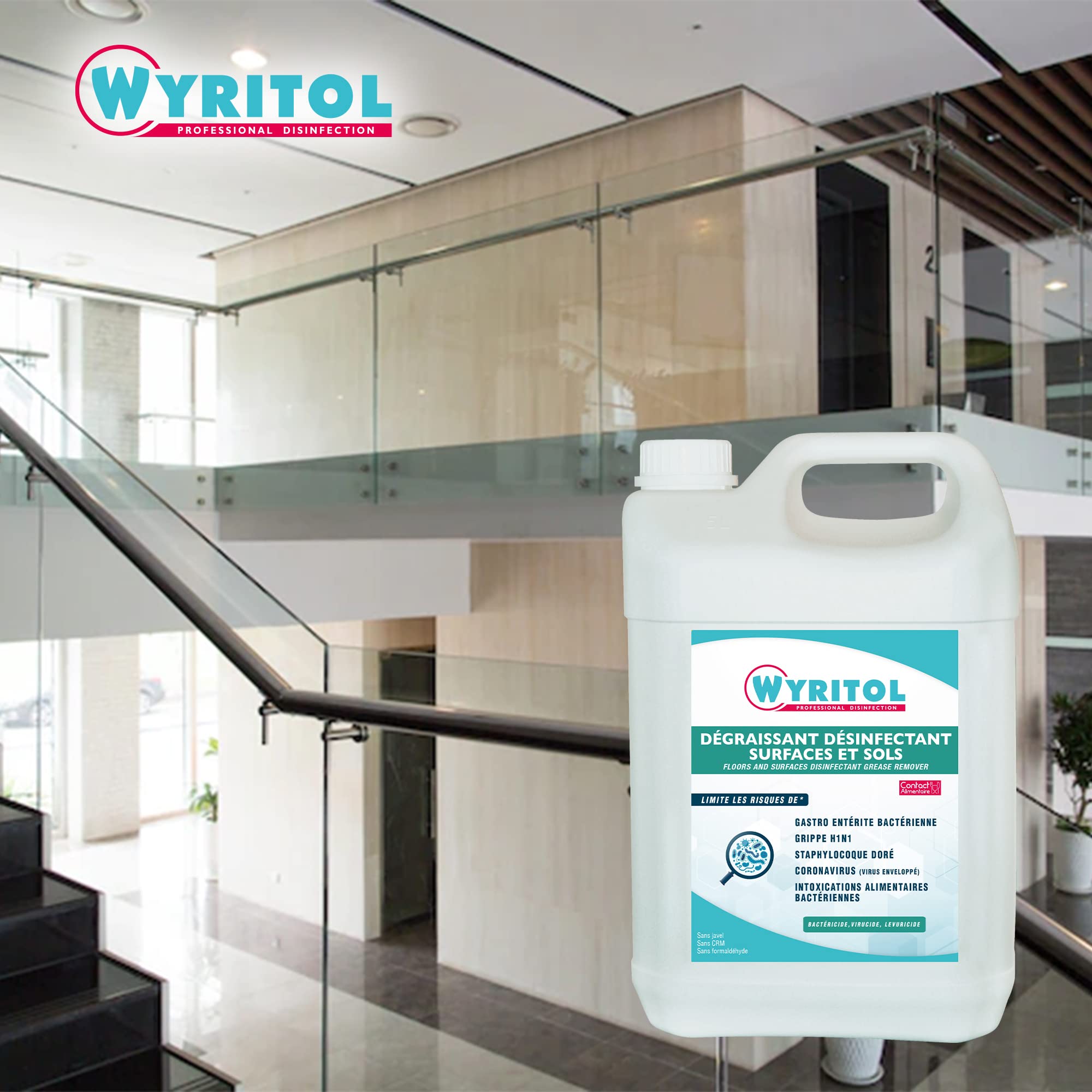 WYRITOL - Dégraissant désinfectant surfaces et sols - Bactéricide, virucide et levuricide - Sans javel - Contact alimentaire - 5L - Fabrication française