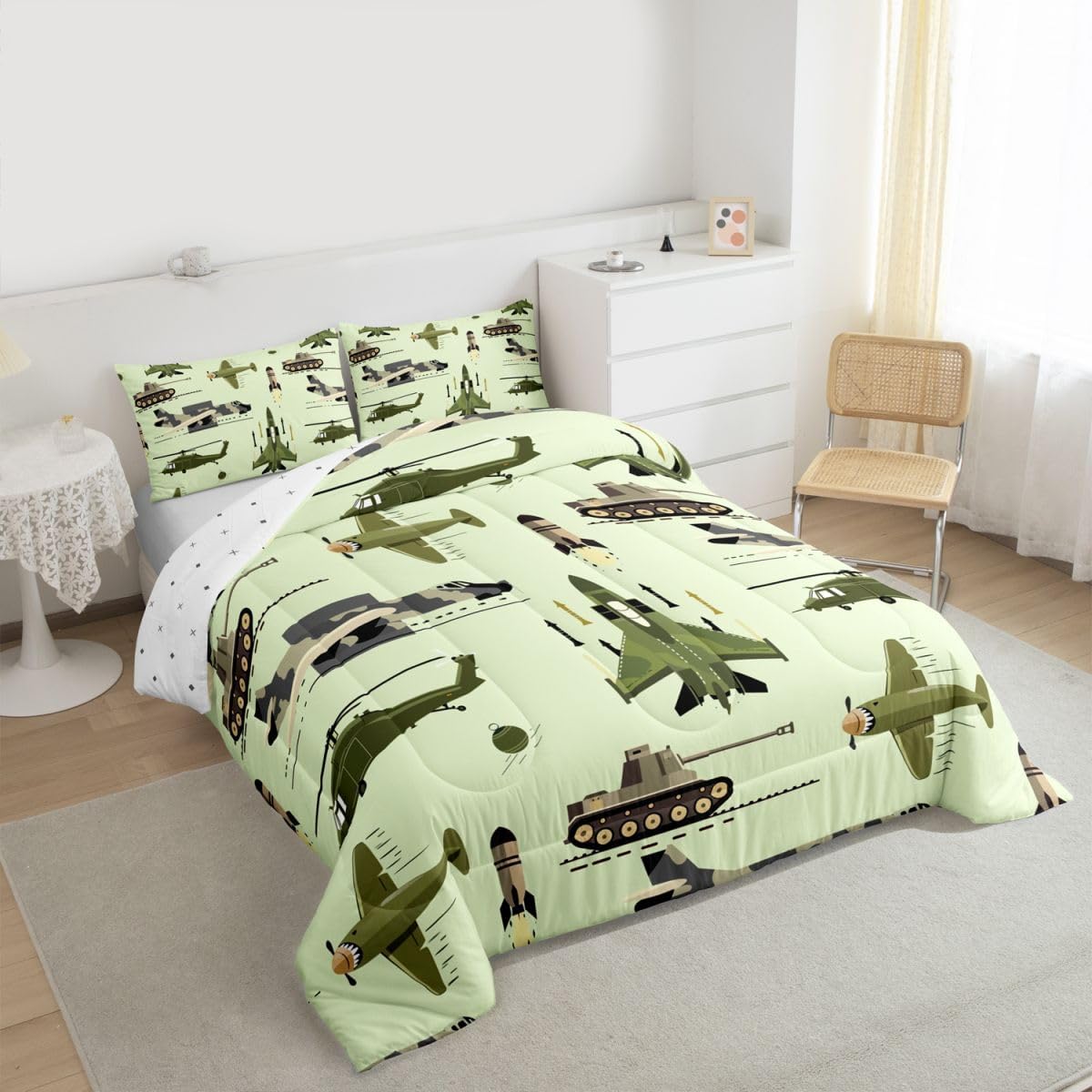 Feelyou 3D Army Helicopter Comforter Airplane Tank Comforter Set for Kids Boys Girls Teens Popular Decor Bedding Set Army Transportation Quilt Set with 2 Pillowcases 3Pcs Bedding Queen image 2