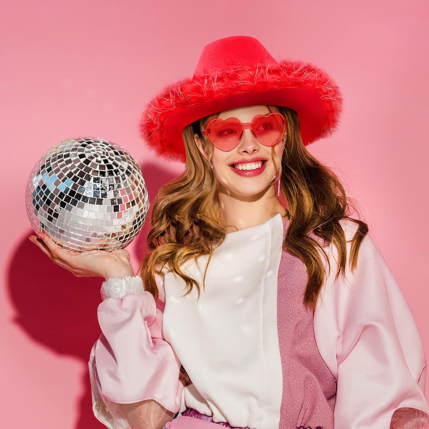 Zhanmai Cowboy Hat Cowgirl Hat with Feathers and Heart Sunglasses for Bachelorette Party, Costume Party - Image 5