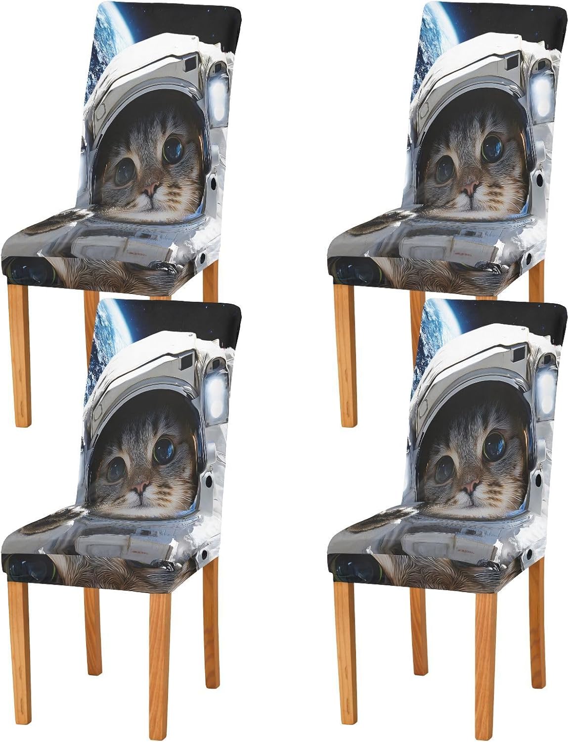 ALAZA Chair Covers for Dining Room, Cat Astronaut Earth Stretch Chair Cover Sets Chair Protector Removable Washable for Ktichen Restaurant Hotel