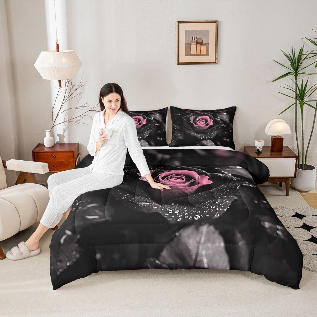 Feelyou Rose Comforter Set for Kids Boys Girls Black Pink Rose Floral Flower Comforter Full Size Garden Flower Bedding Set Bedroom Decor Romantic Valentine's Day Duvet Set Quilt Set 3Pcs