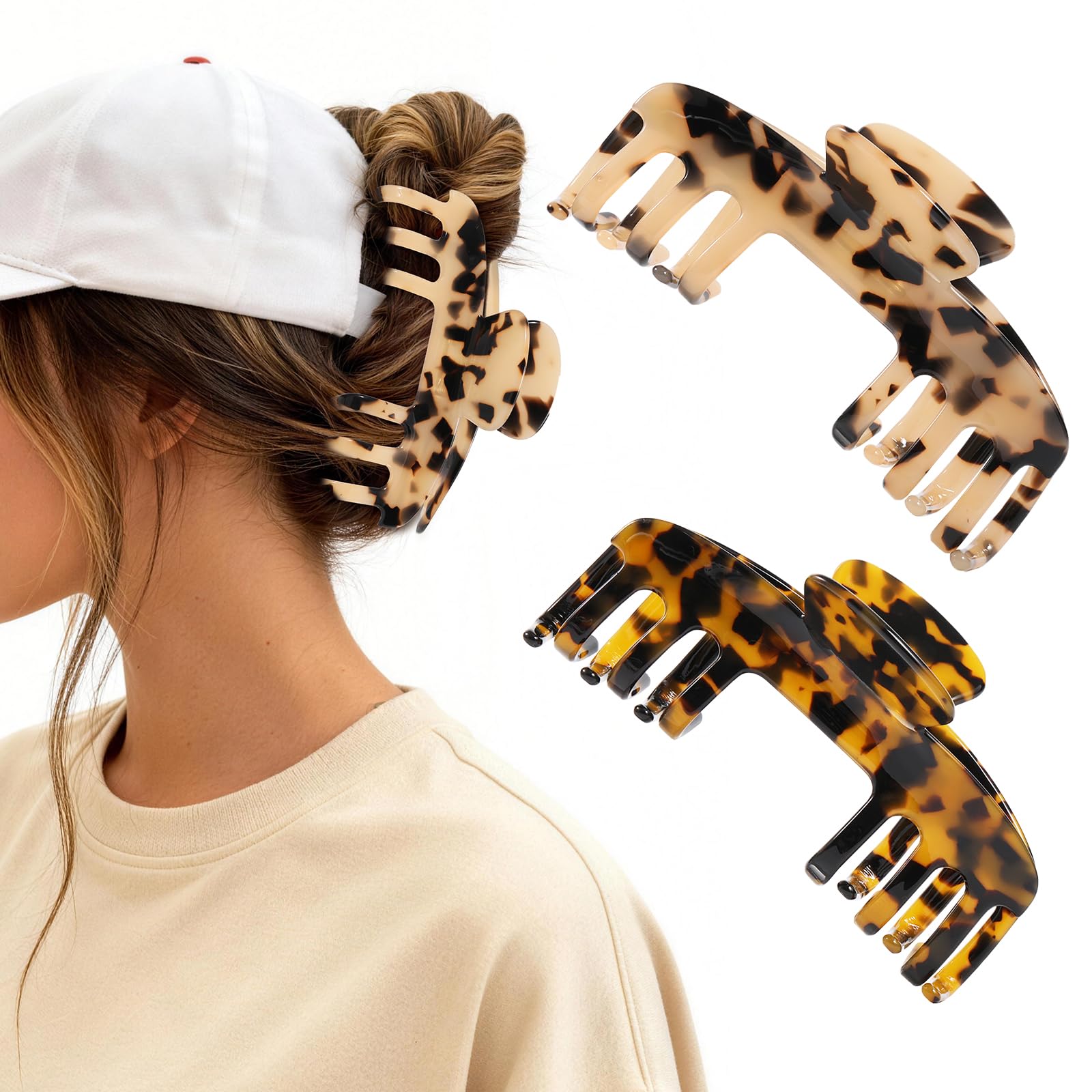 Photo 1 of 2 Pcs Large Hat Claw Clips for Women, Trucker Hat Hair Clips for Baseball Cap, Acetate Tortoise Shell Non-Slip Strong Hold Hair Claw Clips, Fit for Thin Hair Hat Hairstyles, Gifts Hair Accessories