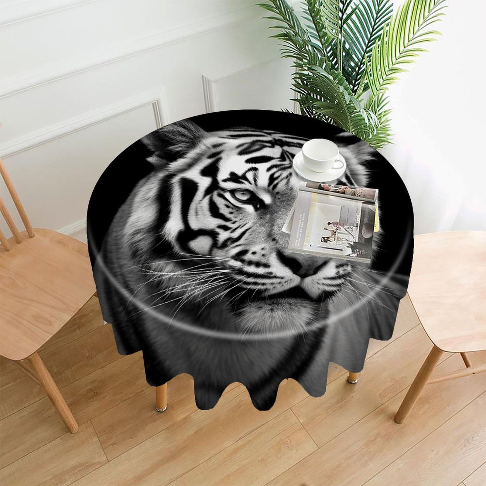 VstaDank Black and White Tiger Tablecloth Easy to Clean Polyester Round Table Cover Washable Round Table Cloth Wrinkle-Free Circle Decoration Tablecloth for Kitchen Dining Room 60"